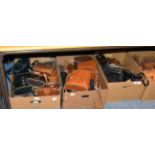 Two boxes of various cased and uncased binoculars