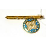 An 18ct diamond set bar brooch and a blue and white enamel lattice pendant