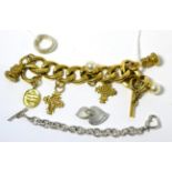 A gilt bracelet, a link bracelet with heart shaped clasp stamped '925', a dress ring stamped '925'