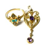 A turquoise and pearl period dress ring and an amethyst and seed pearl drop pendant