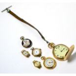 A lady's enamel fob watch, three 9ct gold wristwatches, fob watch stamped 18K and a plated pocket