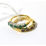 A 9ct gold amethyst and diamond half hoop ring and a 9ct gold emerald and diamond half hoop ring