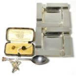 9ct gold collar studs, two silver ashtrays, a silver spoon and a pair of horse head cufflinks