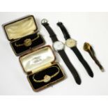Two gold cased watches and three other watches