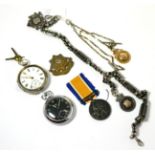 A watch chain with 9ct gold medallion, a fancy watch chain, two pocket watches (one silver) and