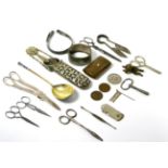 A quantity of assorted scissors, a silver plated spectacle case, a snuffbox and an enamelled