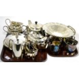 Two plated tea services, silver and sundry on two trays