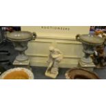 A pair of concrete twin handled urns and a garden ornament of a classical figure (3)