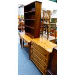 Pine chest of drawers, pine washstand and a mahogany open bookcase