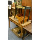 A pine hanging cupboard, another, a painted table and a wicker seat high chair