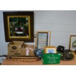 An accumulation of teawares, metal wares, walking sticks, prints, framed mirror, costume etc