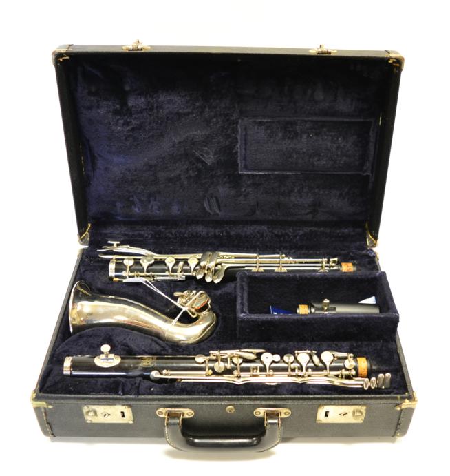 Conn Alto Clarinet keyed to low E flat, with two piece black wood body, metal neck and bell, with