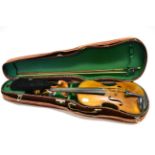 Fredk Foster Violin with 14'' 36cm back, carved lions head scroll with bow in hard caseCrack to