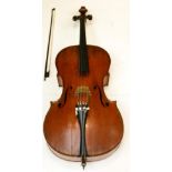 Cello, Believed To Be German 27 1/2'' two piece back, ebony fingerboard (needs reattaching) with