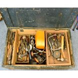 A Large Collection of Tools, including rolls of auger bits, steel and beech planes, axe, garden