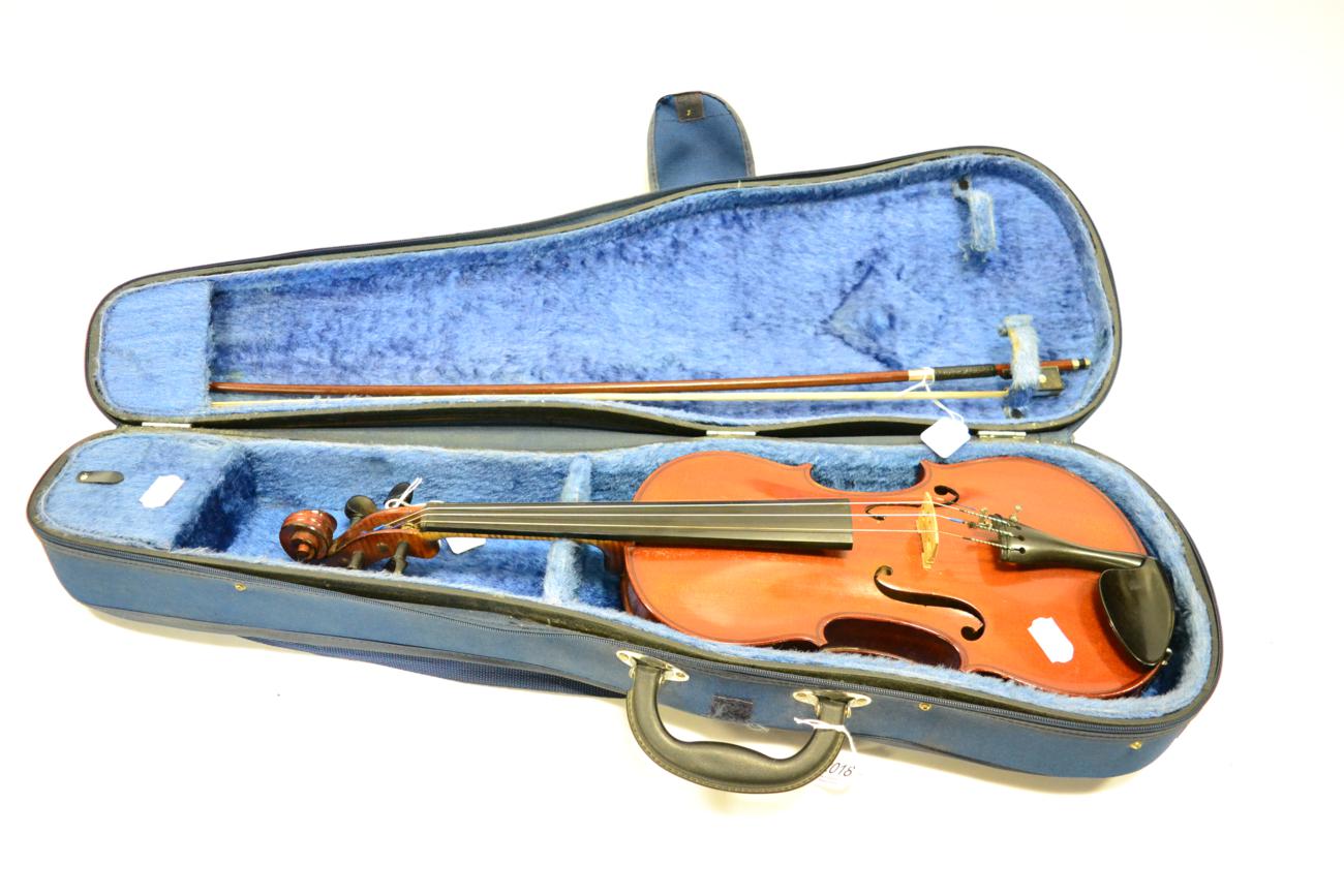 Violin Labelled Ruggielli with 14'' piece back with Erich Steiner box with ebony frog, nickel