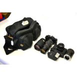 Various Cameras including Yashica FX3 with Tamron f4.5, 85-210mm lens; Contaz 139 Quartz with