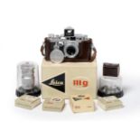 Leica IIIg Camera no.969888 with original card box and Leitz Elmar f2.8, 50mm lens no.1618160 in le