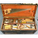 An Early Wooden Toolbox Inscribed George Warwick, with lift out trays containing wooden handled