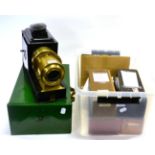Magic Lantern with unmarked brass lens (restored) together with various glass slides including
