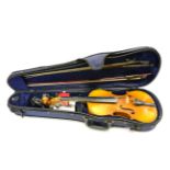 Student Violin with 14'' two piece back, with two bows (one marked 'Techler' (cased)