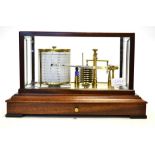 Gluck Barograph with eight vacuum sections, brass frame and ink bottle, in oak case with drawer with