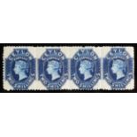 Ceylon. 1867 to 1870 2s Deep blue, perf 12 1/2. Horizontal strip of four, unused, with horizontal