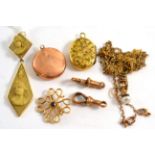 A small quantity of jewellery including two lockets, a lava cameo earrings converted to a pendant, a