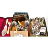 A quantity of miscellaneous silver and plated items including enamelled spoon set, cruet set,