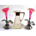 A pair of silver plate and cranberry glass table epergnes in the form of eagles; together with a WMF