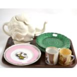 Fluck and Law Margaret Thatcher teapot and other ceramics including green Wedgwood plates