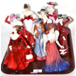 Five Royal Doulton figures including 'Sara' and 'Mary' a Coalport figure 'Sunday Best' and two