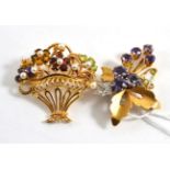 A 9ct gold multi-gemstone basket brooch and a 9ct gold amethyst and diamond spray brooch