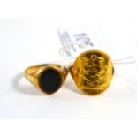 A 9ct gold bent sovereign ring and 9ct gold signet ring set with a bloodstone (2)