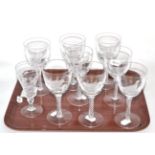 Eight wine glasses with birds, signed R. Ellison, and one other glass