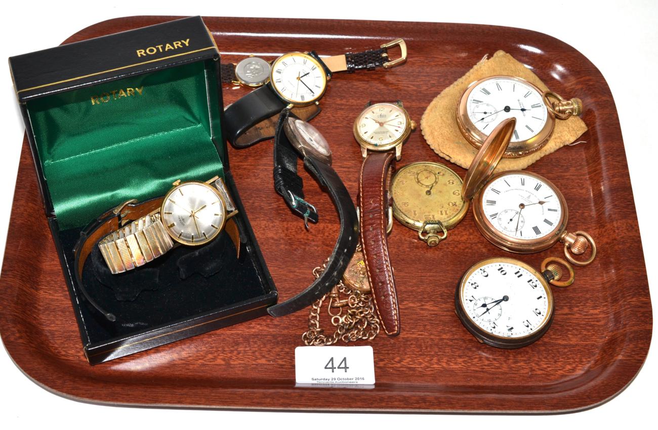 Four various pocket watches, five wristwatches and a plated watch chain with fob