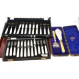 Two cased sets of silver fruit knives and forks with mother-of-pearl handles and a cased set of