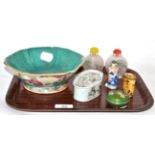 A Chinese shallow bowl and soap dish, four Chinese scent bottles and a small cloissone covered