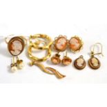 A 9ct gold cameo ring, three pairs of cameo earrings, a pair of cultured pearl stud earrings, a pair
