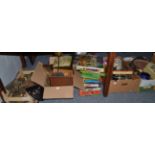 Eleven boxes of miscellaneous collectables, barometers, glass wares, coal bucket, games etc