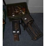 Two barometers and box brass pub barrel taps and motorbike spanners etc