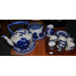 A group of blue and white ceramics including an oversized teapot etc