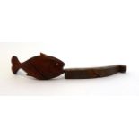 19th Century Treen Representational Knitting Stick, modelled as a fish, with inlaid eyes and fins,