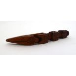 18th Century Treen Knitting Stick, of curved form, with chip carved and turned decoration,