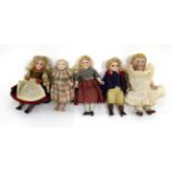 Two Similar Miniature Bisque Head Dolls, with fixed brown eyes, fully dressed, blond wigs, 9.5cm;