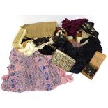 Assorted Costume Accessories, including a carved ivory handled folding parasol with plum coloured