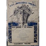 A Signed M.C.C Australian Ashes Tour 1932-33 Menu From The Duchess of Atholl, Canadian Pacific