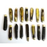 A Collection of Fifteen Early Sheffield Made Folding Pocket Knives, of bottle shape, one with antler