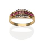 A Ruby and Diamond Ring, calibré cut rubies in yellow channel settings, within a border of round