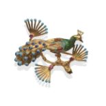 A Peacock Brooch, modelled perched on a branch with enamelled detail and set with three round cut